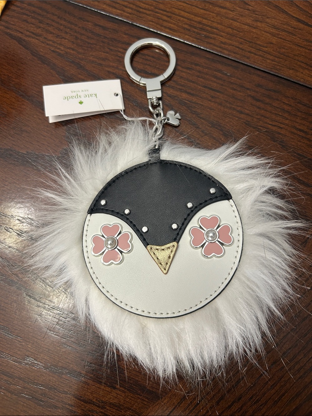 Kate Spade Frosty Penguin Poof Bag Charm Keychain Faux Fur NWT
